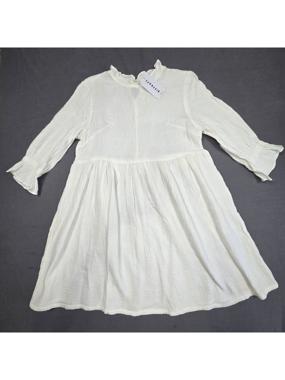 NEW White Ruffle Neck Cotton Blend Dress Medium Beachy Boho